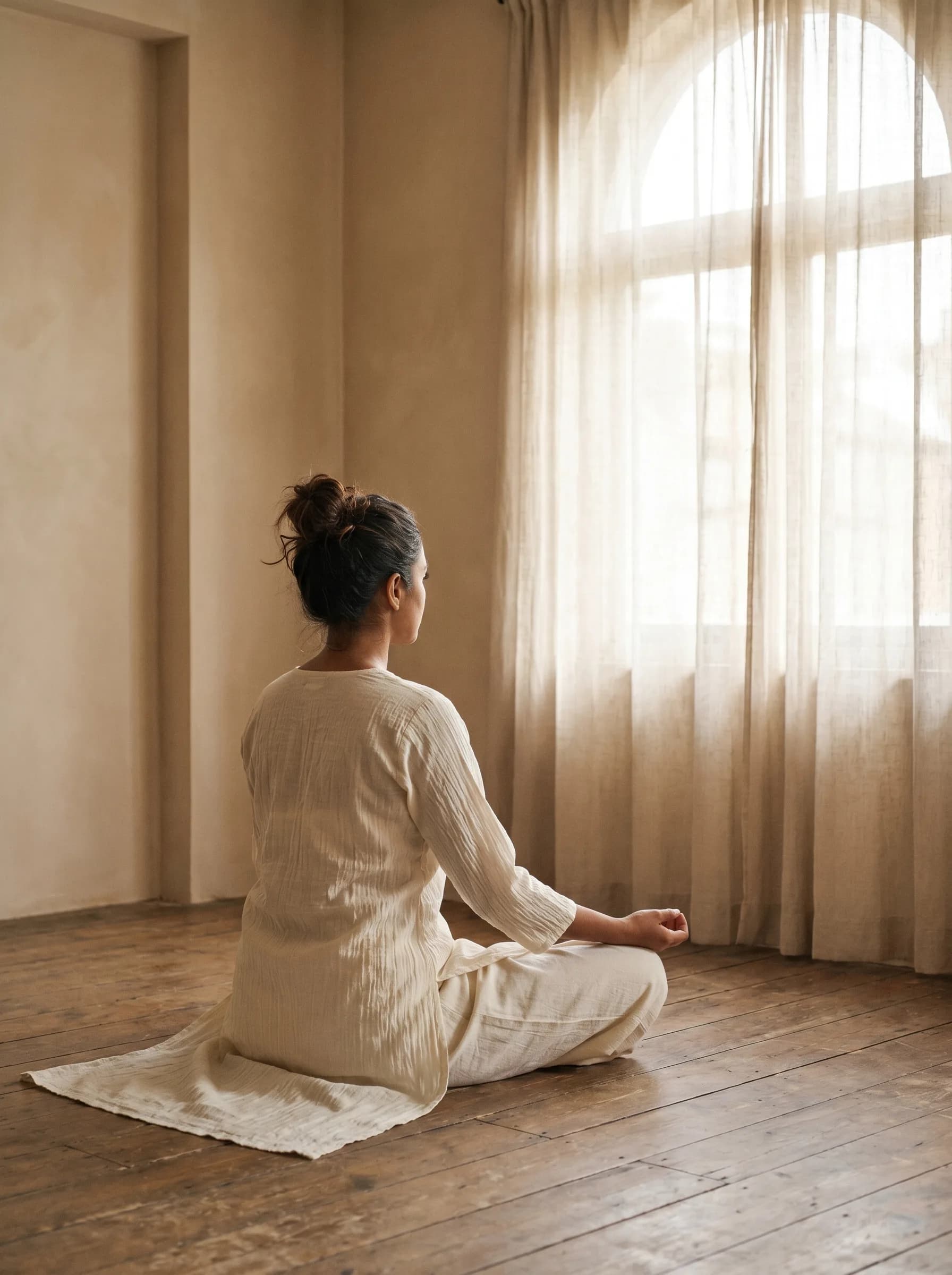 A woman seated in meditation in soft natural light