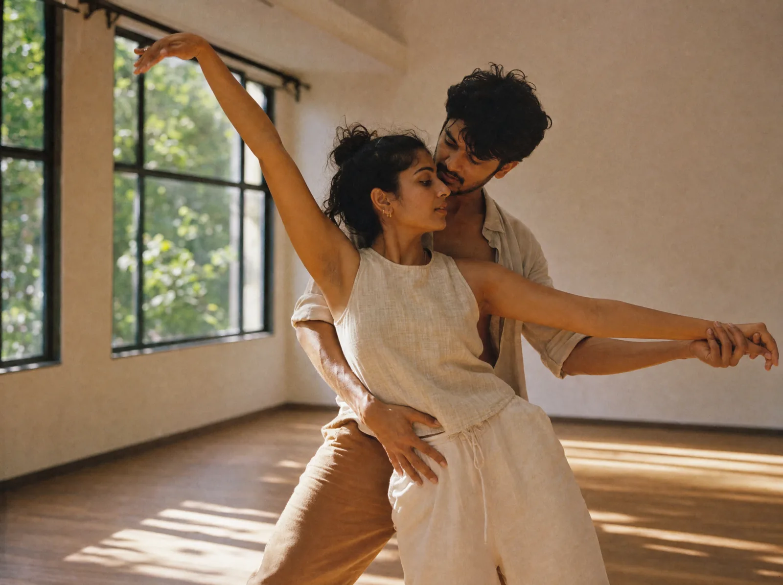 A couple rehearsing a contemporary routine in a sunlit studio