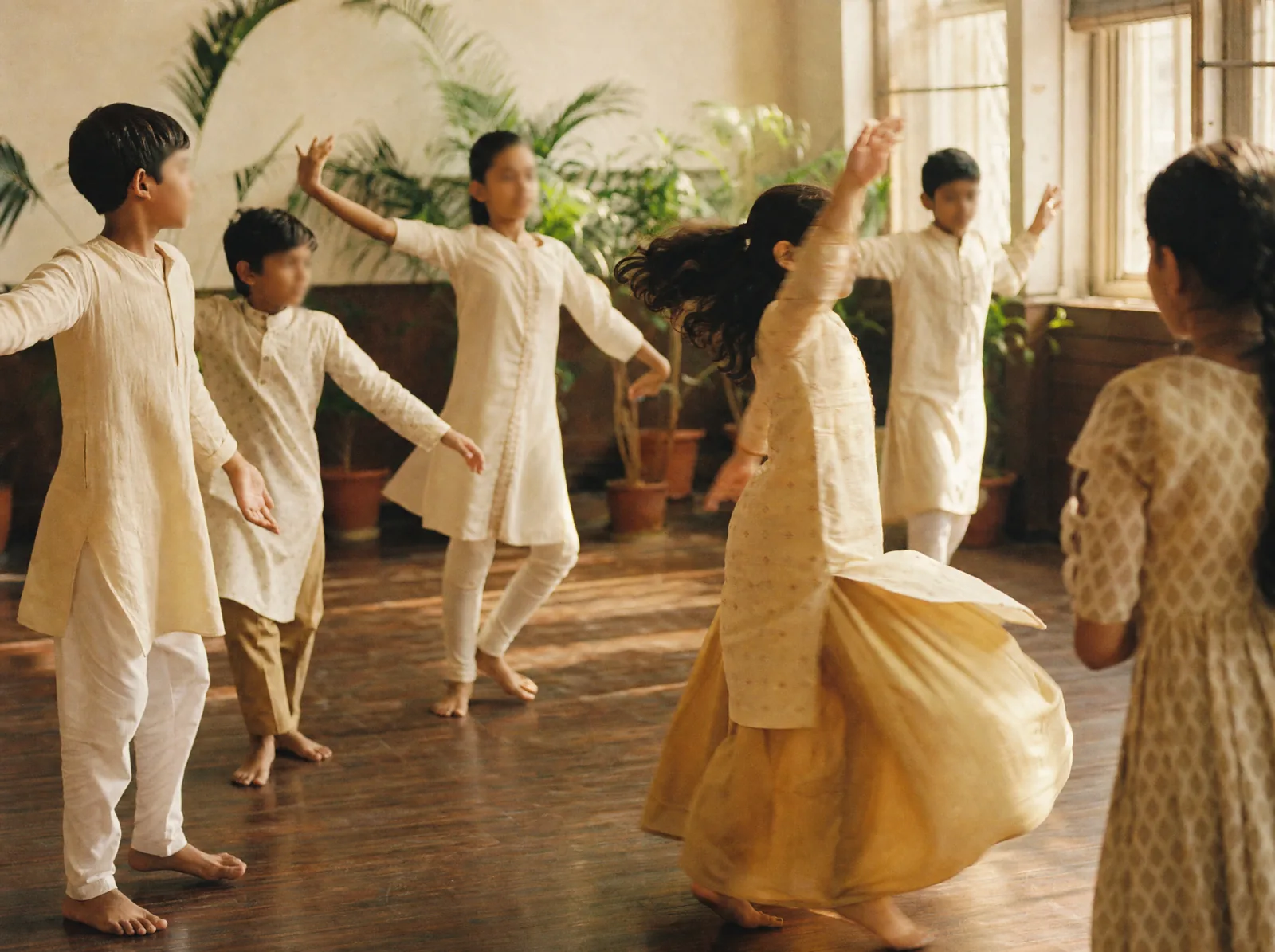 Students rehearsing a folk dance routine in a sunlit school hall