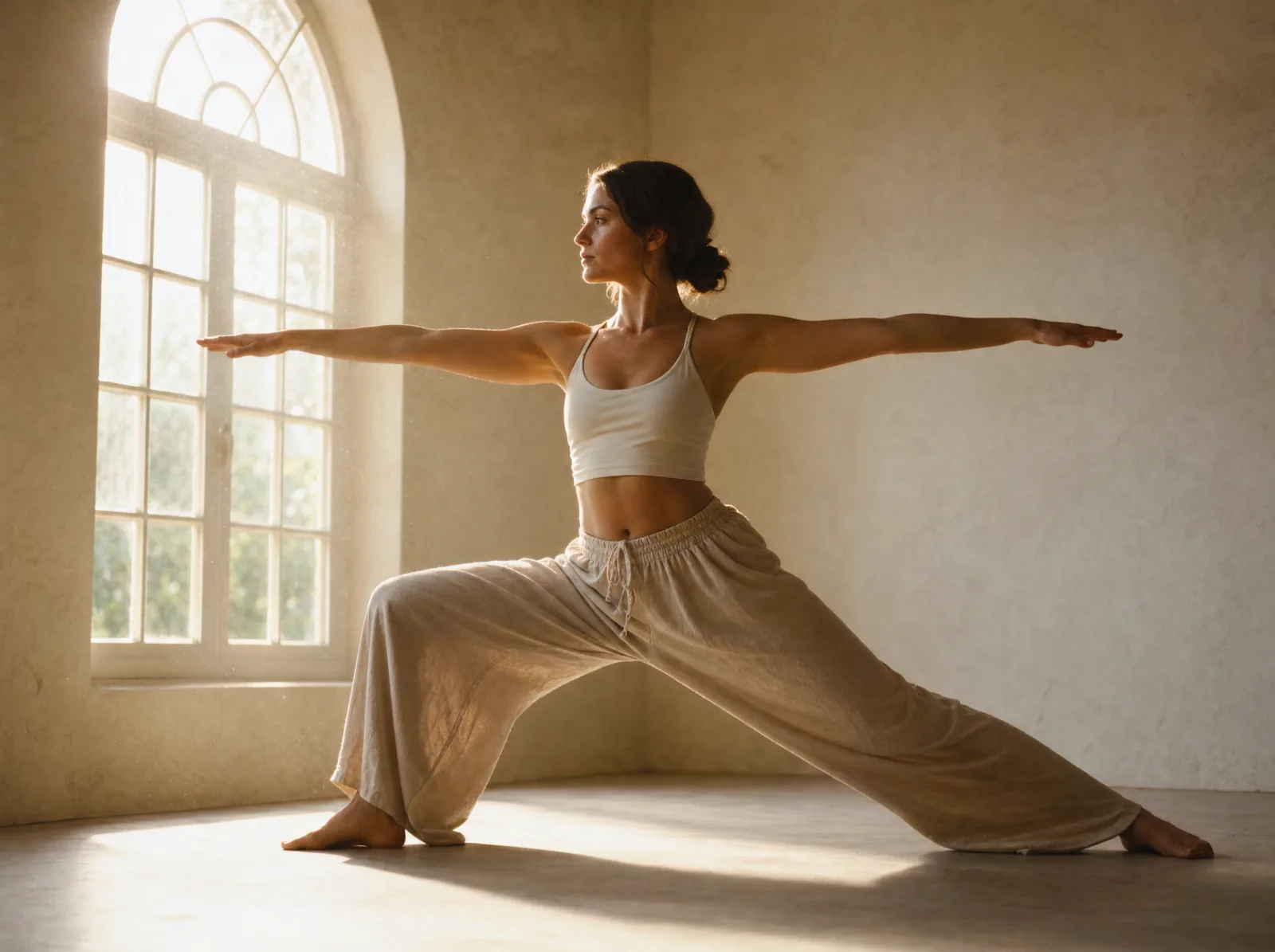 Woman in a flowing yoga shape against tall studio windows