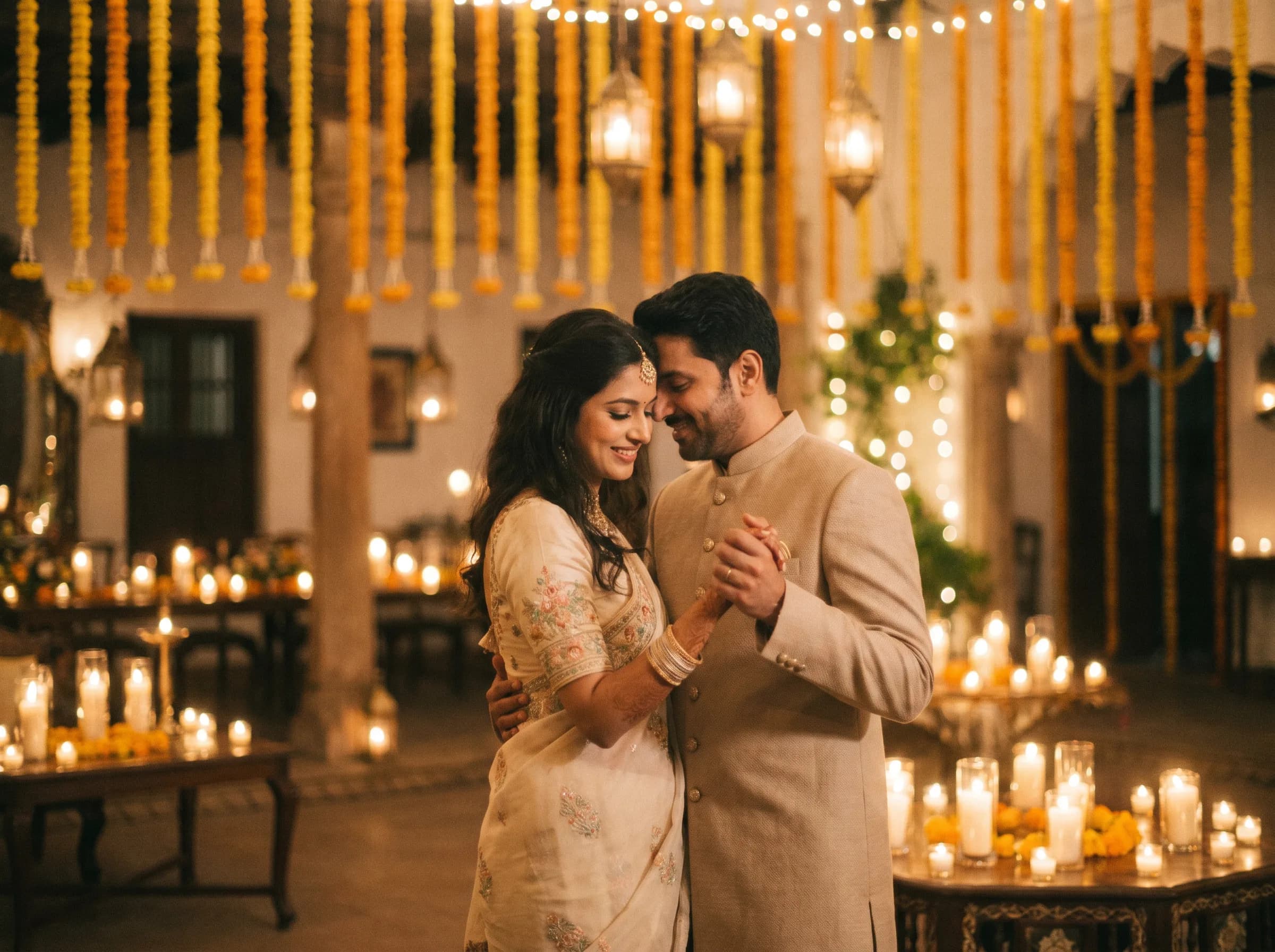 Couple in a candle-lit sangeet